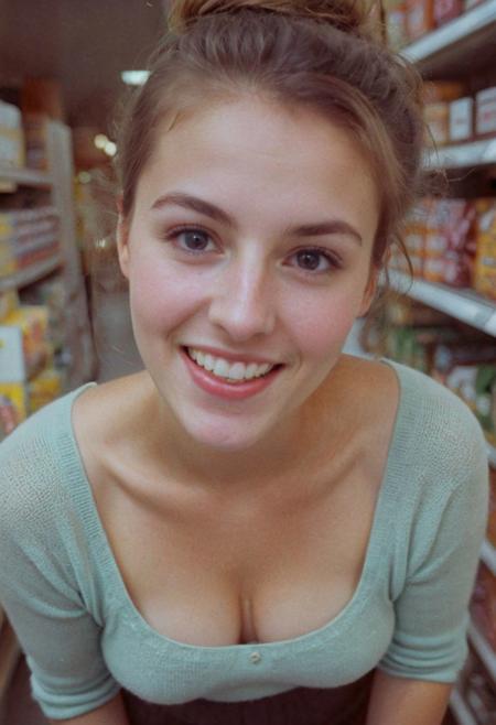 (Soft Lighting Photography by Mimoza Veliu and Mario Giacomelli:1.2), , face and cleavage closeup from above, A beautiful supermarket, a blushed smiling freckled Woman in high wooly stockings and very short skirt standing at a candy shelf on tiptoes, colorful knitted sweater, cleavage, looking up, messy hairbun, infront of the atmospheric led-adverstisment, crepuscular rays, volumetric lighting, ultra detailed, deep Blacks, very detailed, atmospheric haze, Film grain, cinematic film still, shallow depth of field, highly detailed, high budget, cinemascope, moody, epic, OverallDetail, 2000s vintage RAW photo, photorealistic, candid camera, color graded cinematic, eye catchlights, atmospheric lighting, imperfections, natural, shallow dof