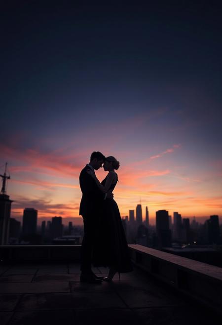 Two lovers pose on a rooftop at dusk, dressed in couture fashion, with surreal geometric shadows stretching across a skyline of silence., cinematic realism, high-fashion surrealism, romantic noir, editorial elegance, dramatic lighting, symbolic props, moody atmosphere, stylized figures, luxury aesthetic, narrative portraiture, conceptual fashion, glossy textures, rich color palette, timeless glamour, surreal composition, poised emotion, fashion editorial influence, dreamlike intimacy, dramatic silhouettes, retro-modern fusion