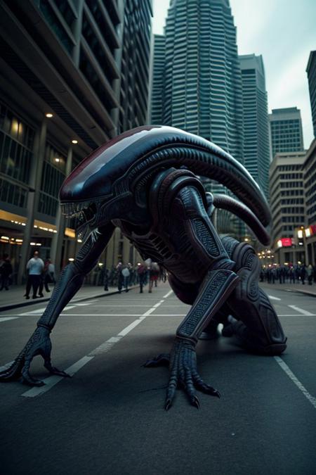 cinematic film still of  <lora:xenomorph style SD1.5:1>
Xenomorph,full body, side view, endoparasitoid extraterrestrial species,solo,open mouth,teeth,tongue,blurry,no humans,blurry background,fangs,sharp teeth,monster,realistic,alien , horror themed, dark themed, cinematic, film still, xenomorph style, shallow depth of field, vignette, highly detailed, high budget, bokeh, cinemascope, moody, epic, gorgeous, film grain, grainy, background KLCC, Malaysia Street,