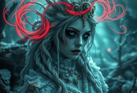 “A hyperrealistic depiction of an ice princess with an eerie ambiance, wearing heavy gothic makeup, set in a rotten and decayed world. The scene is intricate with frost-covered elements, blending a fantasy horror concept with a dark fairytale wonderland background. Red and acid green color twirls swirl through the scene, adding an ominous and sinister touch. The white and gold color palette contrasts sharply with decayed, rotting surroundings and the red and green accents, creating a haunting atmosphere. The image uses a 12mm lens effect to enhance depth and distortion, with sharp contrasts, deep shadows, and an ultra-detailed photorealistic style. The ice princess appears both enchanting and terrifying, emanating mesmerizing visual storytelling in a chilling, frost-bitten, and decayed environment.”