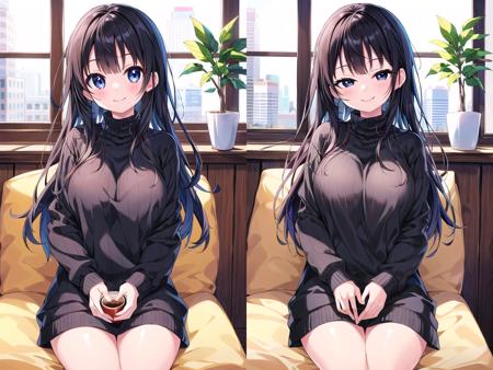 insanely detailed, absurdres, ultra-highres, ultra-detailed, best quality, 1 girl, solo, 16 years old, nice hands, perfect hands, BREAK, wearing sweater, happy smile, laugh, closed mouth, sitting, 45 angle, cowboy shot, looking at viewer, BREAK, slender, kawaii, perfect symmetrical face, ultra cute girl, ultra cute face, ultra detailed eyes, ultra detailed hair, ultra cute, ultra beautiful, by Canon EOS, SIGMA Art Lens 35mm F1.4, ISO 200 Shutter Speed 2000, BREAK, indoors, in coffee shop, medium large breasts,,black hair, long hair, black eyes <lora:flat2:-0.3>

<lora:hosome_v100:1>