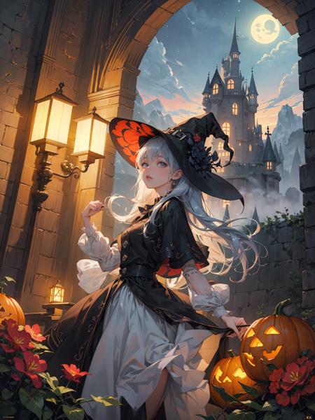 (extremely detailed CG unity 8k wallpaper),(masterpiece),(best quality),(ultra-detailed),(best illustration),1girl,candy,hallowmas,night,pumpkin lamp,witch,The detailed castle,mist encircles the mountains,fairyland,nature,flowers,<lora:æ°´å¢¨-000012:0.5>,