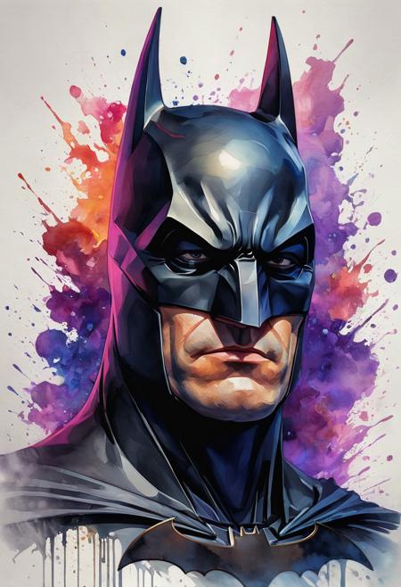 Surrealism. Watercolor portrait of The Batman, head and shoulders portrait, 8k resolution concept art portrait by Greg Rutkowski, Artgerm, WLOP, Alphonse Mucha dynamic lighting hyperdetailed intricately detailed Splash art trending on Artstation triadic colors Unreal Engine 5 volumetric lighting