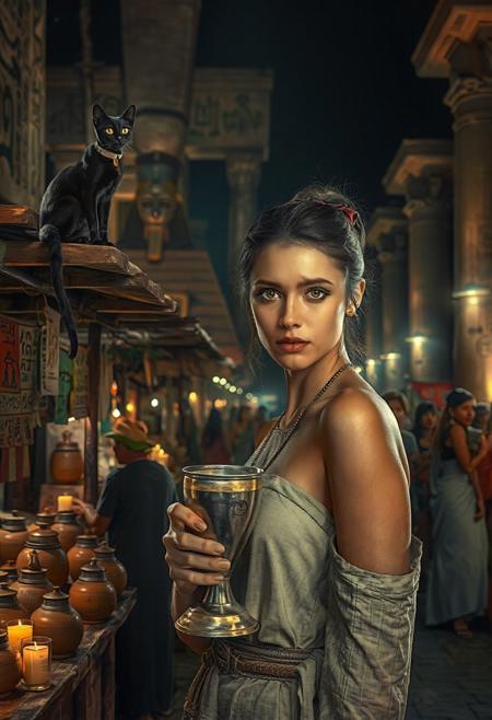 Setting is ancient Egyptian street market at night, ((all writing is in egyptian hieroglyphs)), ((all lighting is by candles, and flame torches,  the market is comprised of street vendors selling food, weapons, and clothing. People wearing Ancient Egyptian clothing are walking through the street market shopping and eating, A sleek black cat (Bastet) with red collar sits on a nearby wooden roof at a market kiosk. Behind the a kiosk counter are clay containers of egyptian beer, (((a beautiful woman, 24 years old, is standing in the foreground facing the viewer with a metal goblet of beer in her hand. Her eyes are beautiful and focused on the viewer, she has an expression of interested curiosity))), the woman is dressed in Ancient Egyptian style clothing combining a sexy and classic Ancient Egyptian aesthetic. Enormous Ancient Egyptian statues are visible in the background and smaller statues and Ancient Egyptian architecture is prevalent in the market, The woman's hair is elegantly tied up with a ribbon. Artistic Ancient Egyptian aesthetic, dynamic perspective, (((overall architectural aesthetic is Ancient Egyptian))).  Epic image that elicits a feeling of wonder and awe,