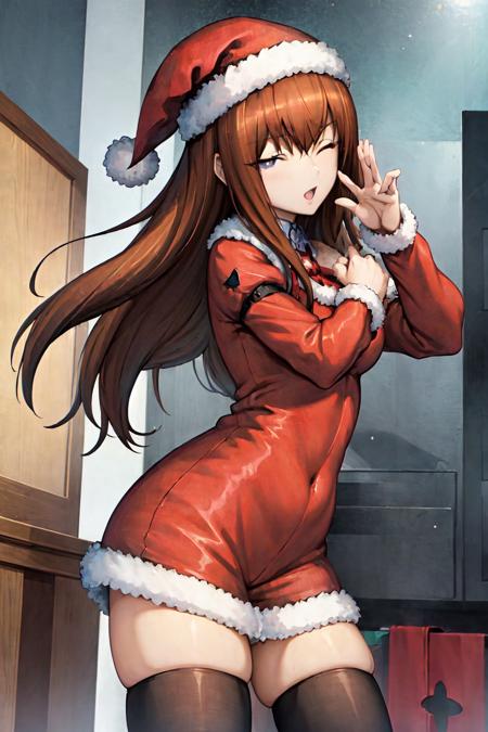 best quality, (masterpiece:1.5),(ultra-detailed), (high quality:1.3), (high resolution),makise kurisu, santa costume, 1girl, solo, one eye closed, pose, 1girl,