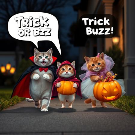 Ultra realistic. white grey brown happy cat with a vampire costume, a small hamster with hero costume,  a orange cat on a princess costume carring a carved pumpkin with candies,  walking on a suburban street, trick or treating houses, midnight light, on a porch house, yelling "Trick or Buzz" text in white letters inside a text balloon