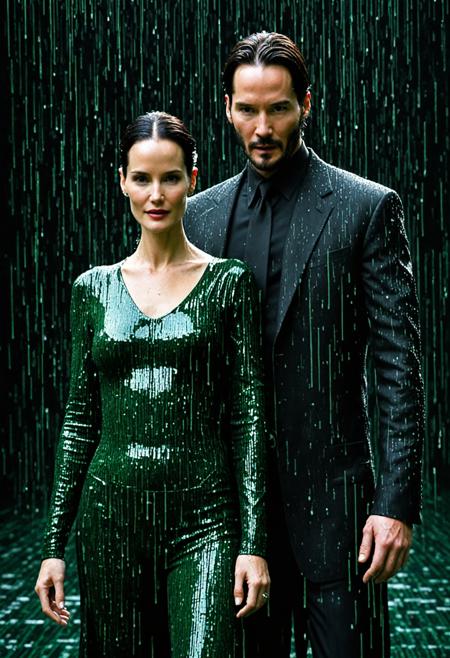 double exposure, matrix code streams flowing in deep green over Carrie-Anne Moss and Keanu Reeves donning their iconic Matrix attire, cascades of binary raining down against a stark black backdrop, interspersed with flashes of red to signify a festive atmosphere, the entire composition echoing the stylized brushwork of Andre Kohn, capturing the essence of the matrix's cyberpunk aesthetic, artificial intelligence detail, ultra-high resolution, holiday-themed digital painting, deep-matrix-colors, masterpiece poster