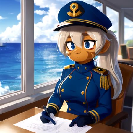 Masterpiece, highest Quality, Highest Resolution, anime style, perfect lighting, detailed hands, detailed background, solo, Admiral Brickell, solo, 1girl, blue eyes, furry female, fur body, body fur, facial mark, monkey tail, white hair, tan, blue hat, blue military uniform, ponytail, dark skinned female, peaked cap, gloves, medium breasts, sitting inside office of a large battleship, window outlooking ocean, sun, clouds, water, office desk, papers, chair, wall decoration,