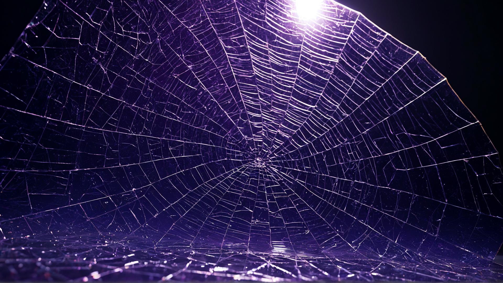 Cracked glass spreading out like a spiderweb, with intricate patterns of jagged lines. Beneath the glass is a layer of shifting colorsârich purples and bluesâwhile light shines through the cracks, creating a glowing effect., Photorealistic, Hyperrealistic, Hyperdetailed, analog style, soft lighting, subsurface scattering, realistic, heavy shadow, masterpiece, best quality, ultra realistic, 8k, golden ratio, Intricate, High Detail, film photography, soft focus