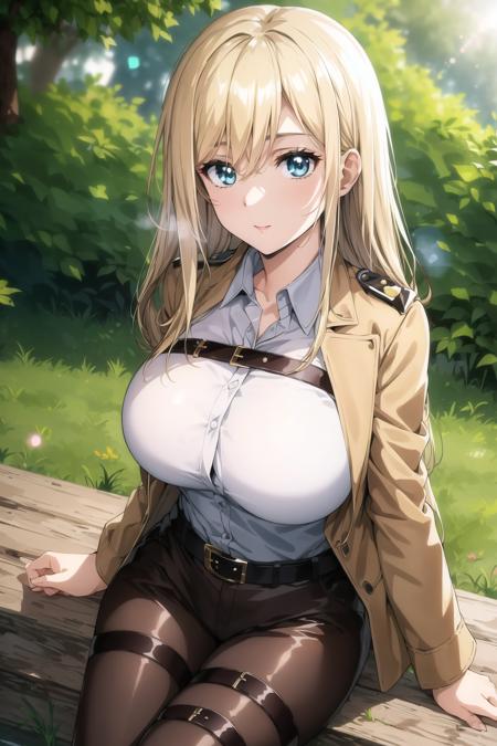 (day:1.7), Forest background,
sitting on the floor,
brown jacket,long sleeves,thigh strap,white shirt, military uniform,belt, Black_pencil_skirt,
 <lora:Historia_Reiss_AOT-KK77-V1:0.7>,thigh strap, thighs,<lora:Front_Innocent_repack-KK77-V1:0.3>,
blonde hair,blue eyes,bangs, Long_hair, 
1 girl, 20yo,mature female,Beautiful Finger,Beautiful long legs,Beautiful body,Beautiful Nose,Beautiful character design, perfect eyes, perfect face,
looking at viewer, in the center of the image,focus on face,
NSFW,official art,extremely detailed CG unity 8k wallpaper, perfect lighting,Colorful, Bright_Front_face_Lighting,
(masterpiece:1.0),(best_quality:1.0), ultra high res,4K,ultra-detailed,
photography, 8K, HDR, highres, absurdres:1.2, Kodak portra 400, film grain, blurry background, bokeh:1.2, lens flare, (vibrant_color:1.2)
(Beautiful,Large_Breasts:1.2), (beautiful_face:1.5),(narrow_waist),