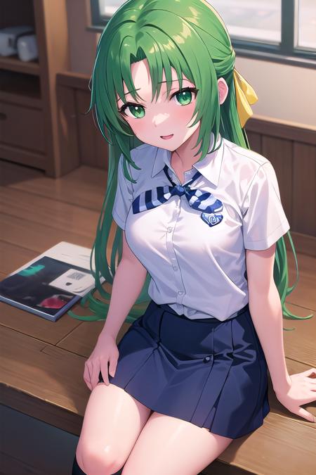 Sonozaki Shion, green hair, green eyes, long hair, yellow ribbon, angel mort dress, black  thighighs, Sonozaki Shion, green hair, green eyes, long hair, yellow ribbon, white shirt, blue necktie, blue skirt, black kneehighs,  Sonozaki Shion, green hair, green eyes, long hair, yellow ribbon, yellow necklace, turtleneck sweater, black skirt, 