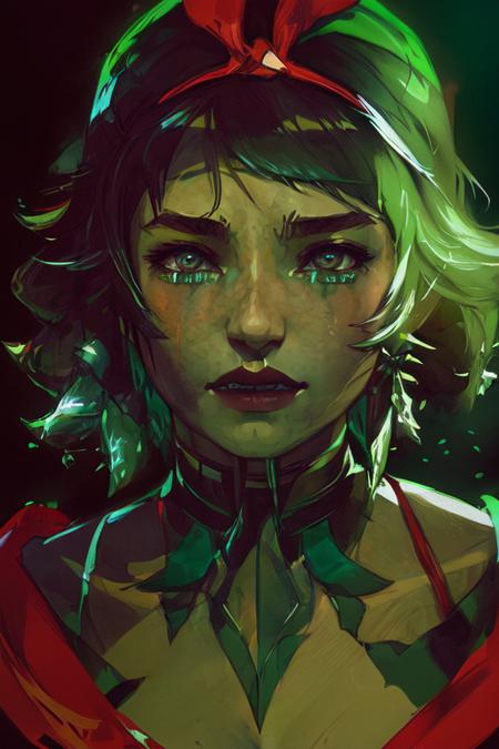 portrait of josierz, crying, dramatic lighting, illustration by Greg rutkowski, green mist, ruinedlol, dark, highly detailed face, headband red ,yoji shinkawa, 4k, digital art, concept art, trending on artstation