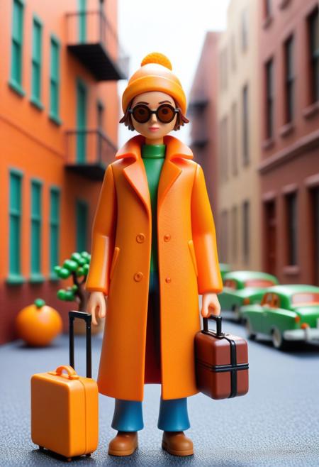 A stylized vinyl toy scene featuring Léon and Mathilde little girl from the movie Léon: The Professional. Léon wearing his iconic long coat, beanie, and round sunglasses. he's got stubble and an emotionless face. He should be holding a sleek, minimalist suitcase. Mathilde should be holding a small pot with a miniature orange tree, detailed with tiny leaves and orange fruit. Both figures should have a playful, vinyl toy aesthetic with bright colors, clean lines, and soft shading. The background should feature a cinematic view of New York City streets, with brick buildings, fire escapes, and a moody, film-like atmosphere. Add a subtle plastic texture to enhance the realism of the figures and scene.