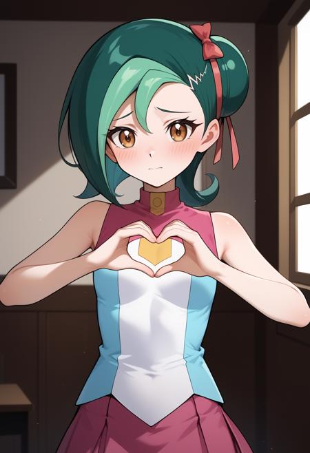 aakotori, short hair, multicolored hair, green hair, single hair bun, hair ribbon, brown eyes, small breasts, bare shoulders, sleeveless shirt, multicolored shirt, blue shirt, pink skirt