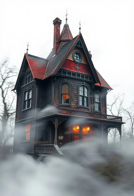 A gothic, haunted house with rich, textured hatching, but its edges fade into a misty, ethereal blur, making the structure feel half-remembered, like a dream slipping away., color and movement, white background, cinematic lens style, dynamic composition, high contrast, spotlight effect, surrealism, fauvism, bold colors, expressive motion, dreamlike atmosphere, dramatic lighting, digital photography, painterly aesthetic, vibrant energy