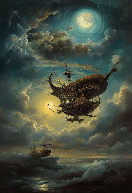 Air, clouds, flying ship, impressionism, (Salvador Dali style:1.4), abstract painting, dark fantasy, dragons, moon, saturn, planets