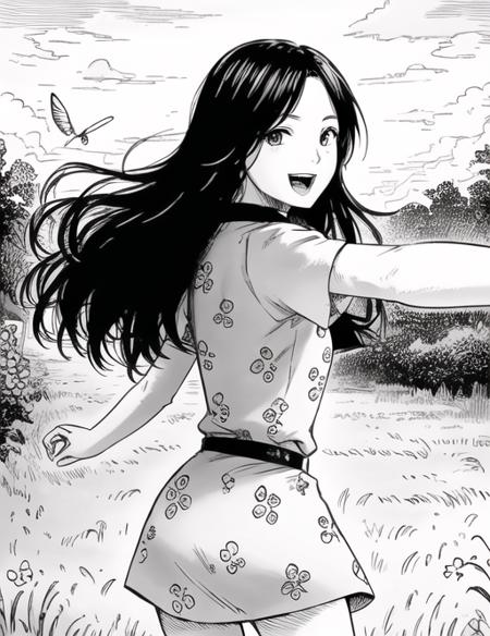 <lora:NoraHappiness-08:0.7>  NoraHappiness, 1girl, solo, looking at viewer, smile, open mouth, dress, monochrome, short sleeves, :d, greyscale, looking back, floral print, grass, bug, butterfly, running