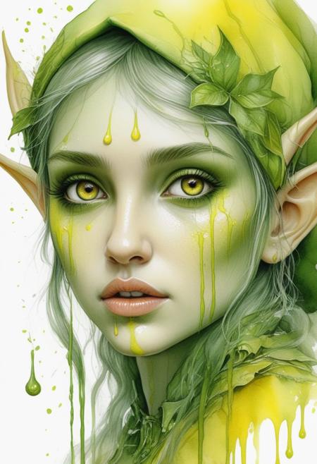 beautiful elf girl, sketch, image, hd grunge painting, hyper-realism, many small details, surrealism, careful drawing of details, drawing in fine ink, green yellow watercolor  drawing of details, hyperdetalization, elegant, octane, D&G style, horror, digital realistic photo portrait, lots of details, design, high resolution, paint drips
