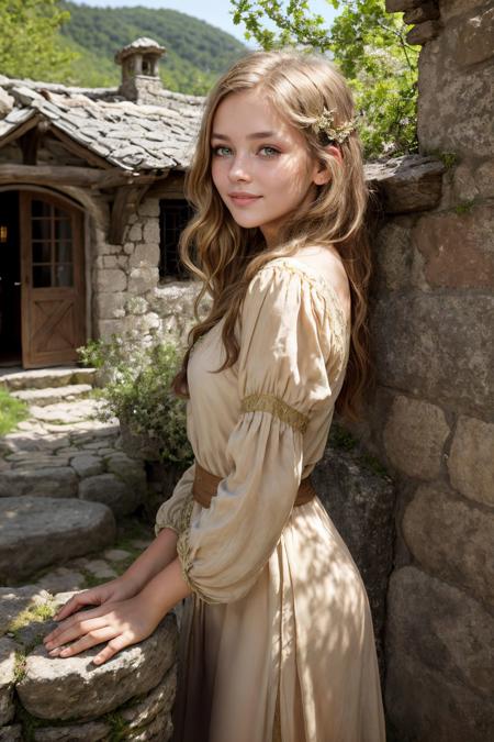 A Photograph of a peasant girl, s1enna with brunette hair, set in a lush medieval village. She stands by an old stone well, her rustic clothing brilliantly hued in earthy tones. Golden sunlight filters through the vibrant green foliage, casting a warm glow on her face. Her gentle smile mirrors the idyllic charm of the setting, capturing the essence of simplicity and natural beauty.
photorealism, photorealistic, (masterpiece, high quality), highly detailed, high resolution, high detail, intricate, HDR, UHD, 8k, sharp focus, detailed background, perfect hands, realistic eyes, natural skin texture, (blush:0.5), (goosebumps:0.5), subsurface 
<lora:sd15_s1enna_v1:0.7>
<lora:add_detail:0.6>