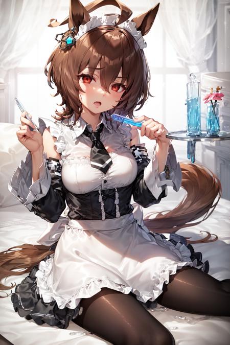 masterpiece, best quality, 
agnes tachyon \(umamusume\), 
open mouth, head rest, 
holding vial, test tube, single earring, 
sleeves past fingers, sleeves past wrists, black pantyhose, black necktie, detached sleeves, sitting, maid headdress, enmaided, detached collar, short necktie, frilled sleeves, long sleeves, waist apron, maid apron,  black dress, black sleeves
<lora:agnes_tachyon_loha:0.7>