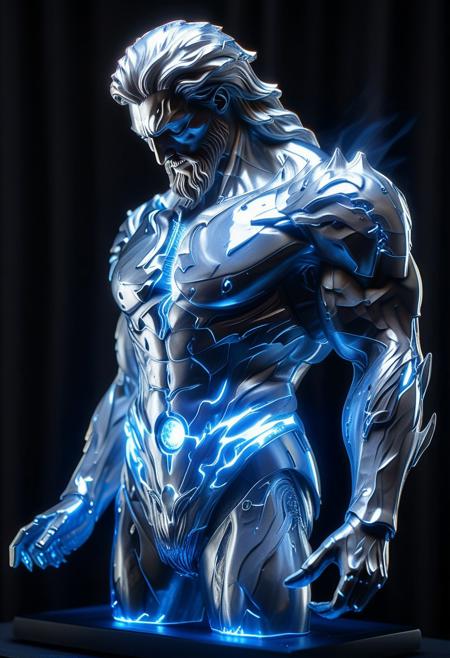 SilverPulse, silver sculpture of Zeus , powerful energy beam shooting from chest,  opulent study, layering outline with zirconia light, intricate, hyper-detailed, professional photoshoot, ultra-sharp, vivid colors, dark lighting, 50mm lens,