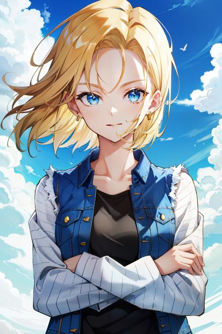 <lora:android_18:1>android 18, blue sky, upper body, crossed arms, sky, denim, smile, striped, black shirt, short hair, denim jacket, solo, blonde hair, blue eyes, striped sleeves, closed mouth, shirt, looking to the side, 1girl, earrings, cloud, jacket, jewelry, long sleevesandroid 18, blue sky, upper body, crossed arms, sky, denim, smile, striped, black shirt, short hair, denim jacket, solo, blonde hair, blue eyes, striped sleeves, closed mouth, shirt, looking to the side, 1girl, earrings, cloud, jacket, jewelry, long sleeves