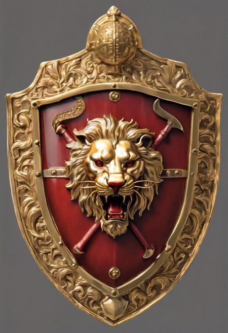 Bouche shield, golden English lion with battle axe, gold and red