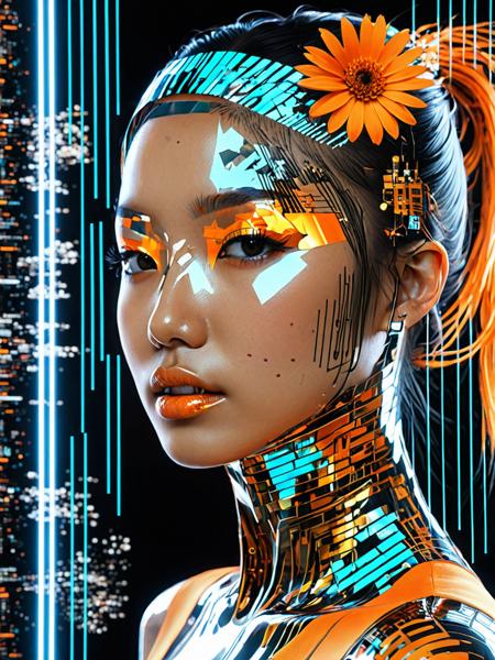 hyperrealism:  Asian woman, digital art, hologram, bigdata, high technology, sound wave, digital landscape, neural network, (Humanoid:1.2), reflection, masterpiece, 8k UHD resolution, high quality, professional photography, closed up,  black and orange color tones, wabi-sabi art, abstract , punk collage , (urbanpunk:1.1), flowerpunk, random textures, random graffiti strokes, kanji characters, surreal artwork, Impermanence<lora:add-detail-xl:1.0>