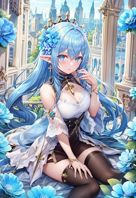 1girl, pointy ears, solo, flower, long hair, blue hair, earrings, thighhighs, hair flower, hair ornament, blue flower, crown, jewelry, cross earrings, cross, looking at viewer, breasts, (masterpiece,best quality)