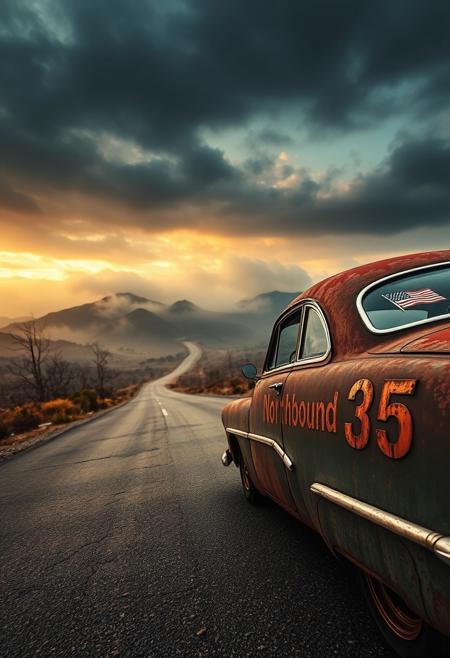 A hauntingly beautiful landscape photograph of a worn, rusty old car speeding northbound on Highway 35, set against a foreboding backdrop of dense, fog-shrouded iron hills that stretch far into the horizon under a dark, ominous sky with clouds that seem to swirl in defiance, the words "Northbound 35" emblazoned in bold, weathered metal letters on the car's rusty side panel, with a faded American flag decal on the rear windshield, driving through a desolate, barren landscape with withered trees and worn, cracked asphalt, the car's headlights casting an eerie glow on the dark road ahead, with a sense of vast, open space and a feeling of solitude and adventure, captured in a warm, golden light with hues of orange and red, with the sky gradating into a deep blue towards the top.