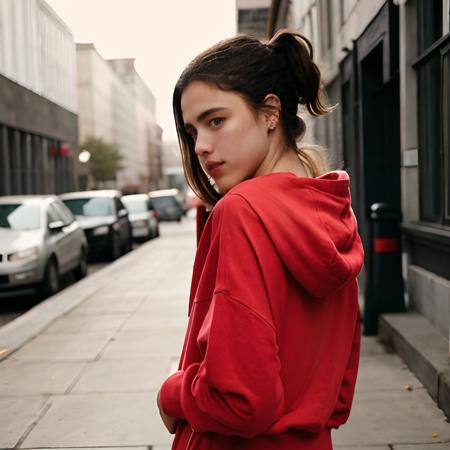 <lora:margaret_qualley_sd15_lora_resized:1> margaret qualley woman analogue photo, beautiful shy young woman, age 25, with long blonde hair, wearing a cute red hoodie, standing, upper body, concrete back ally, evening, cinematic lighting, eye level, shot on Leica M3, Fujicolor Pro, vignette, in style of Alex Timmermans