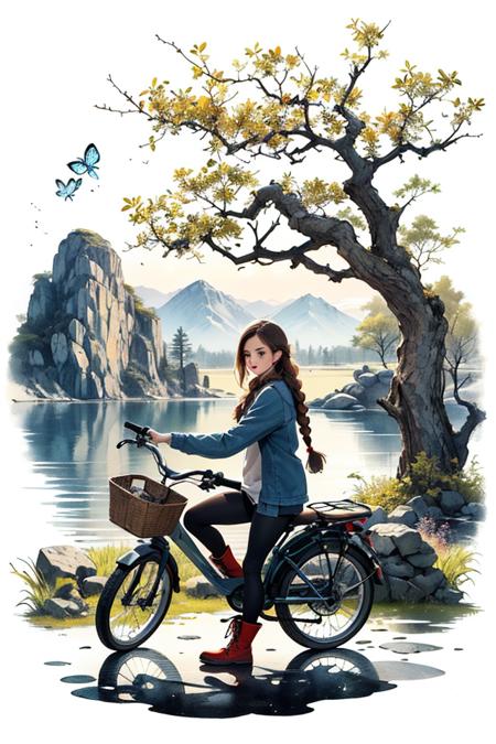 <lora:chalklora:0.5>chalk_drawing<lora:inklora:0.5>  ink ,scenery ,1girl ,bike ,tree,mountain, stone,melting, abstract, dust ,water splash,long hair, boots, 1boy, very long hair, braid, black hair, bug, bird, branch, looking at viewer, yellow eyes, red footwear, brown hair, traditional media,