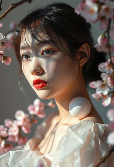 DSLR-style portrait of a slender, elegant 26-year-old Korean model, translucent pale skin with natural texture, soft shadow on cheek, diffused daylight from side, parted lips, clean background, solo, masterpiece, ultra high-res  
<lora:NOOB_vp1_detailer_by_volnovik_v1:1>
barely visible pores, subtle skin texture variation, translucent skin tone
A porcelain doll kneeling in the center of a cherry blossom vortex, staring blankly, surrounded by swirling petals and cracked porcelain textures, dreamlike, surreal, unsettling yet beautiful, high detail, anime gothic.