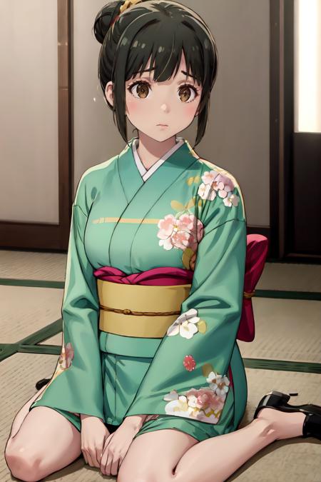 masterpiece, best quality, absurdres, 1girl, solo, HinoAkira, hair bun, sidelocks, green kimono, floral print, obi, indoors, wariza, sitting, hands on own knees, <lora:HinoAkira:0.8>