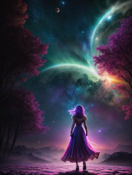 a vibrant cinematic photo of outer space, a beautiful female princess runs from the guards, alien palace, nebula, alien world, octane render, high quality,  24mm, 4k textures, soft cinematic light, adobe lightroom, photolab, hdr, intricate, elegant, highly detailed, sharp focus, ((((cinematic look)))), soothing tones, insane details, intricate details, hyperdetailed, low contrast, soft cinematic light, exposure blend, hdr, faded, <lora:more_details:.8>,