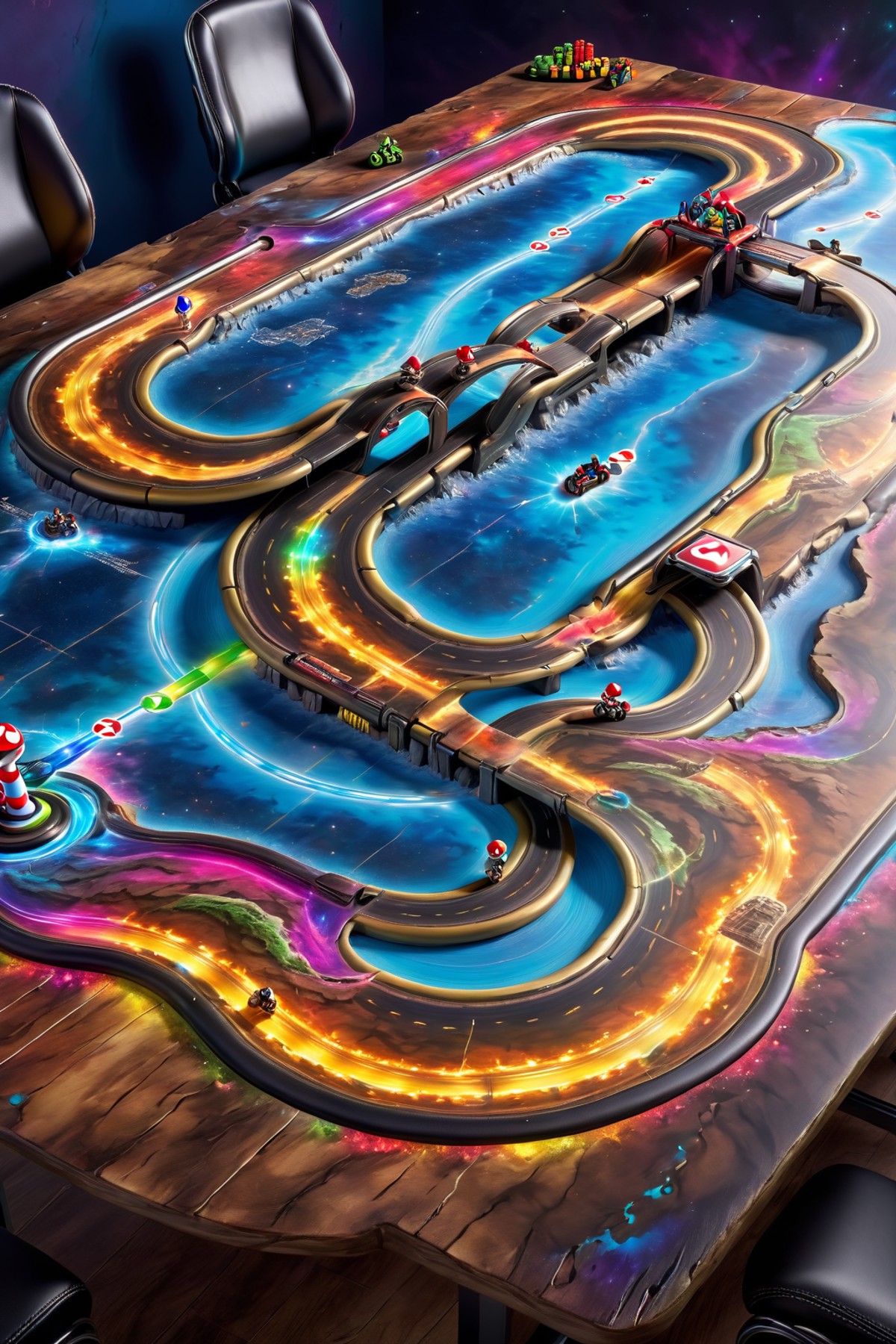 ( <lora:Magical_Parchment:0.8> map, Mario Kart track), magical multicolored ink, high quality, imagination, 8k, fantasy ar...