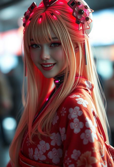 (Upper body:1.5) ,long blonde hair, composed of tiny neon filaments, cyborg geisha. She wears a flowery kimono with visible robotic parts, showcasing intricate details. The scene is rendered in 8K resolution with cinematic lighting, emphasizing subsurface scattering for a lifelike appearance.,((Best quality, 8k, 32k, masterpiece,RAW photo, (realistic, photo-realistic),best quality,highly detailed,masterpiece,ultra-detailed)) ( ,blurry background,smile,,(oil shiny skin:0.81), (big_boobs), breast apart,willowy, chiseled, (hunky:1.6),(perfect anatomy, prefect hand,), 9 head body lenth, dynamic sexy pose, (artistic pose of awoman),(from_below:1.3),Cyborg detailers
