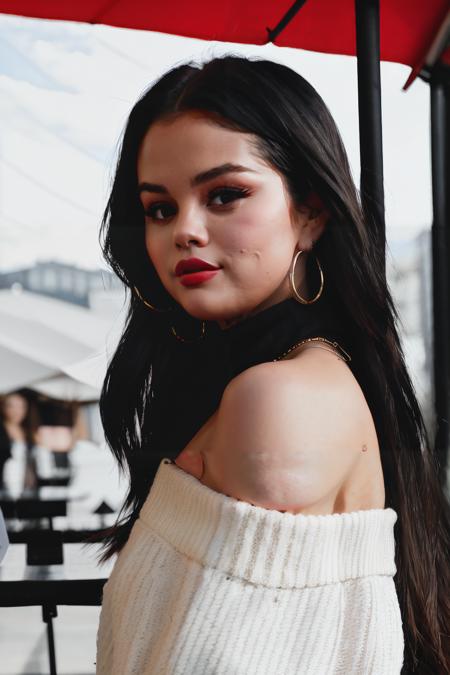 selenaGomez1 piercing eyes, looking straight, very happy,long hair, wearing an off-shoulder sweater, choker, closeup portrait, in a outdoor cafe in 2015, afternoon light