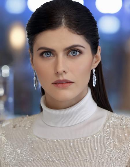 breathtaking (closeup:1.2), skswoman, elegant 1girl, solo, looking at viewer, black hair, shirt white turtleneck, jewelry, serious look, long hair,  background blurry bar, realistic, wet lips, professional, 4k, highly detailed  <lora:Alexandra Daddario:0.9> . award-winning, professional, highly detailed