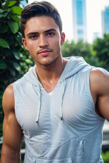 ((masterpiece)), ((best quality:1.2)), High Resolution, 8k, (ultra_realistic:1.3), (photorealistic:1.4), (instagram model, handsome:1.2), sharp focus, a photo of (nicktopelkm), wearing sleeveless hoodie, new york city, urban place, outdoors, daytime, grinning, smooth facial expression, ((looking at viewer)), <lora:NickTopelKM:0.8>