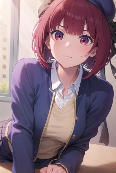 kanaarima, <lora:kanaarima-lora-nochekaiser:1>,
kana arima, bob cut, (red eyes:1.5), red hair, short hair,
BREAK beret, blue headwear, blue jacket, blue vest, hat, jacket, pantyhose, ribbon, school uniform, skirt, vest, youtou high school uniform,
BREAK looking at viewer,
BREAK indoors, classroom,
BREAK <lyco:GoodHands-beta2:1>, (masterpiece:1.2), best quality, high resolution, unity 8k wallpaper, (illustration:0.8), (beautiful detailed eyes:1.6), extremely detailed face, perfect lighting, extremely detailed CG, (perfect hands, perfect anatomy),