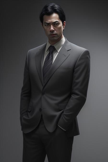 best quality,masterpiece,(realistic:1.2)quality,realistic,masterpiece,Highly detailed,1boy,office man,adult,asian,black hair,suit,standing,hand in pocket,grey_background,moody lighting,full_shot,frontlight,highres,absurdres,incredibly_absurdres,huge_filesize,
