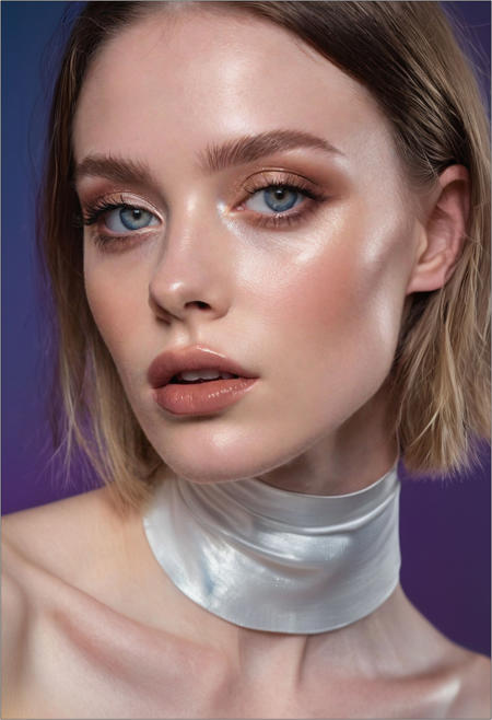 A professional (fashion photo photography:1.2),a  (studio portrait:1.2),showing (surrealistic style:1.1),(black purple gradient background:1.2),(exaggerated character movements:1.5),against glass,(masterpiece, best quality:1.4), perfect body,  long hair, brown hair, brown eyes, parted lips, , detailed skin,model photoshoot, long bob-cut hair, shiny oiled skin, pale skin,  pale white skin, shiny oiled skin, pale skin, realistic eye and face details), hyperrealism, very slim,  bright face, blue eyes, choker, make-up photography by (Ethel Warwick:1.3), modelshoot, pose, , (Ethel Warwick: 1,2) award winning photo macro shot  dramatic lighting,philosophical dimensions,NIKON Z9,35mm,f/1.2,RAW format,stark composition.,(muted tones:1.2),award winning photo,(dream-like quality:1.2),