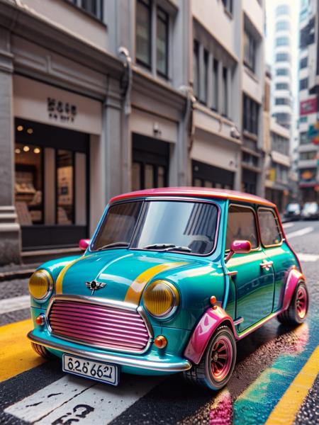 ais-colorfulplastic classic mini cooper in the city <lora:Colorful_Plastic_SDXL:1>