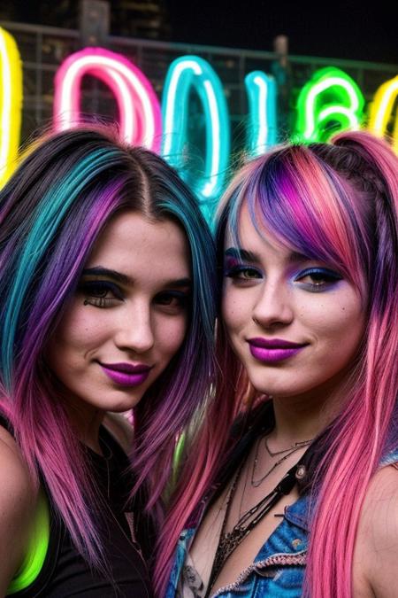 score_9, score_8_up, score_7_up, score_6_up, two beautiful 19 year old girls, colored hair, neon lights, rave, rave clothing, crowd, nighttime, dusk, smiling, ultra realistic, big lips, (masterpiece, best quality, highres:1.2), (photorealistic:1.2),