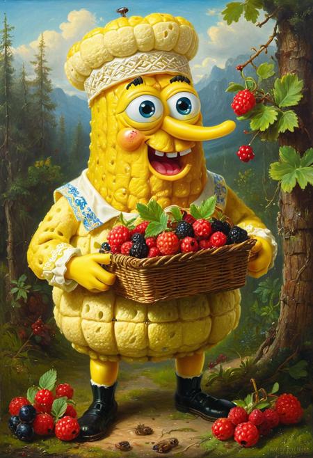 A Sponge Bob holds a basket of berries in its mouth, from side, traditional russian clothing, long-range plan, oil on canvas, by Ivan Shishkin, <lora:ClassipeintXL1.9:0.2>, ,best quality, high resolution, extreme detail, outstanding composition, masterpiece,