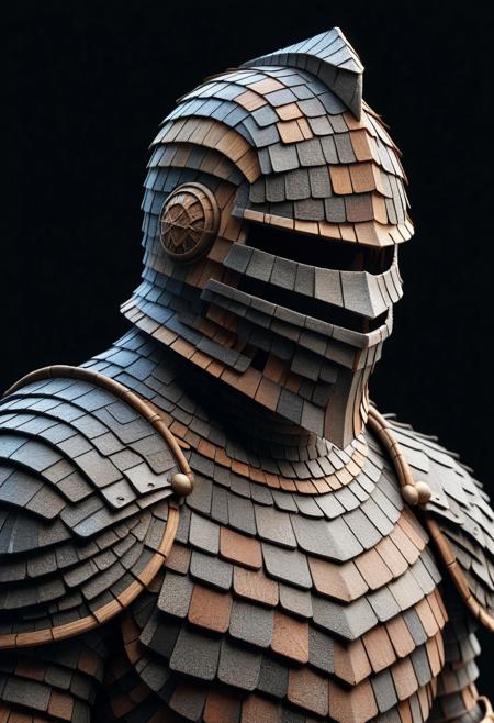 detailed, realistic, 8k uhd, high quality, masterpiece, mad-shingles, knight, knight armor made of shingles, helmet, black background