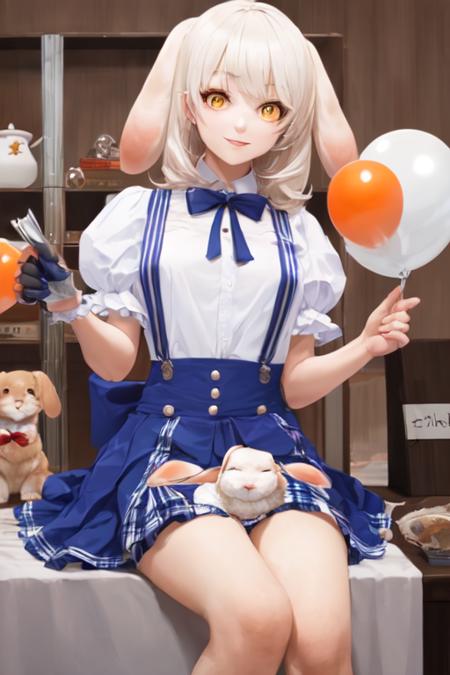 best quality, ultra detailed, beautiful detailed face, perfect anatomy, 1girl, solo focus, whole body shot, long white hair, yellow eyes, two floppy rabbit ears, balloon_puff_sleeves, short shirt, blue short pleated skirt, suspenders skirt, <lora:radiyu_Streamer:1>,