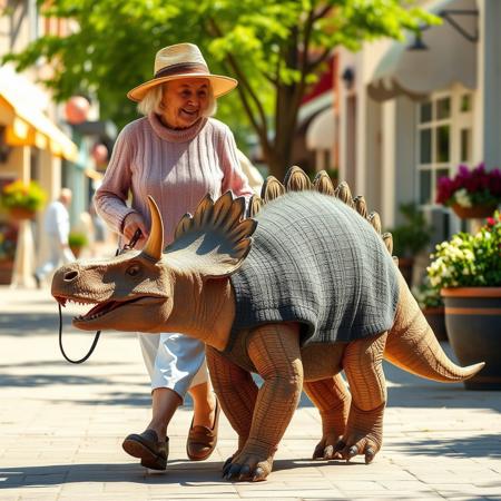 Create a realistic photograph of a sweet elderly lady walking her pet Triceratops, which is the size of a Labrador, on a leash. Both the dinosaur and the lady are wearing matching sweaters and hats. The scene is set on a sunny summer day on a charming street lined with shops. The perspective should be from the side, showcasing the dinosaur in its sweater. The atmosphere should be cheerful and whimsical, capturing the unique bond between the lady and her dinosaur