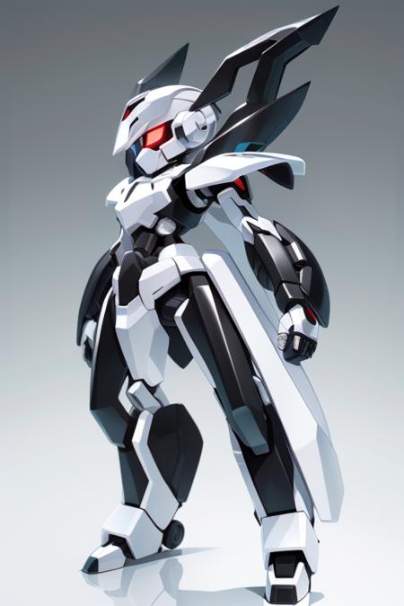 A solo white and black Medabot with gold trim with no mouth and glowing eyes and long hair high ponytail, high detail, simple background, <lora:MedabotLoraV1TrainedTest:1>